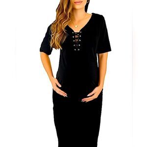 Monrow Mommy Black Stretch Lace Up Front Short Sleeve Midi Dress XS